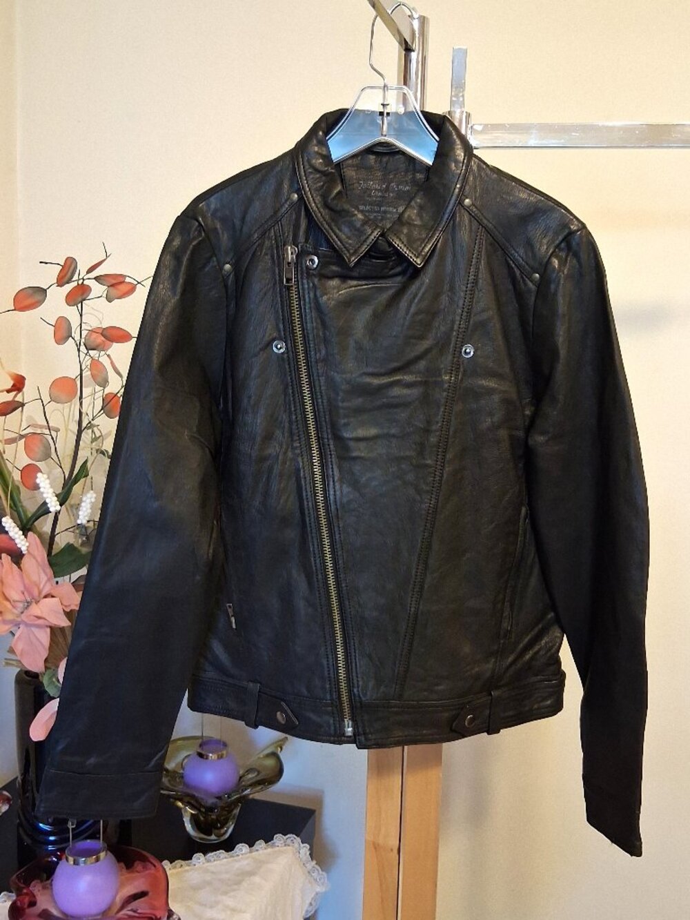 BLEND Women's Lined Genuine Leather Biker Jacket Timeless Leather Moto Coat L